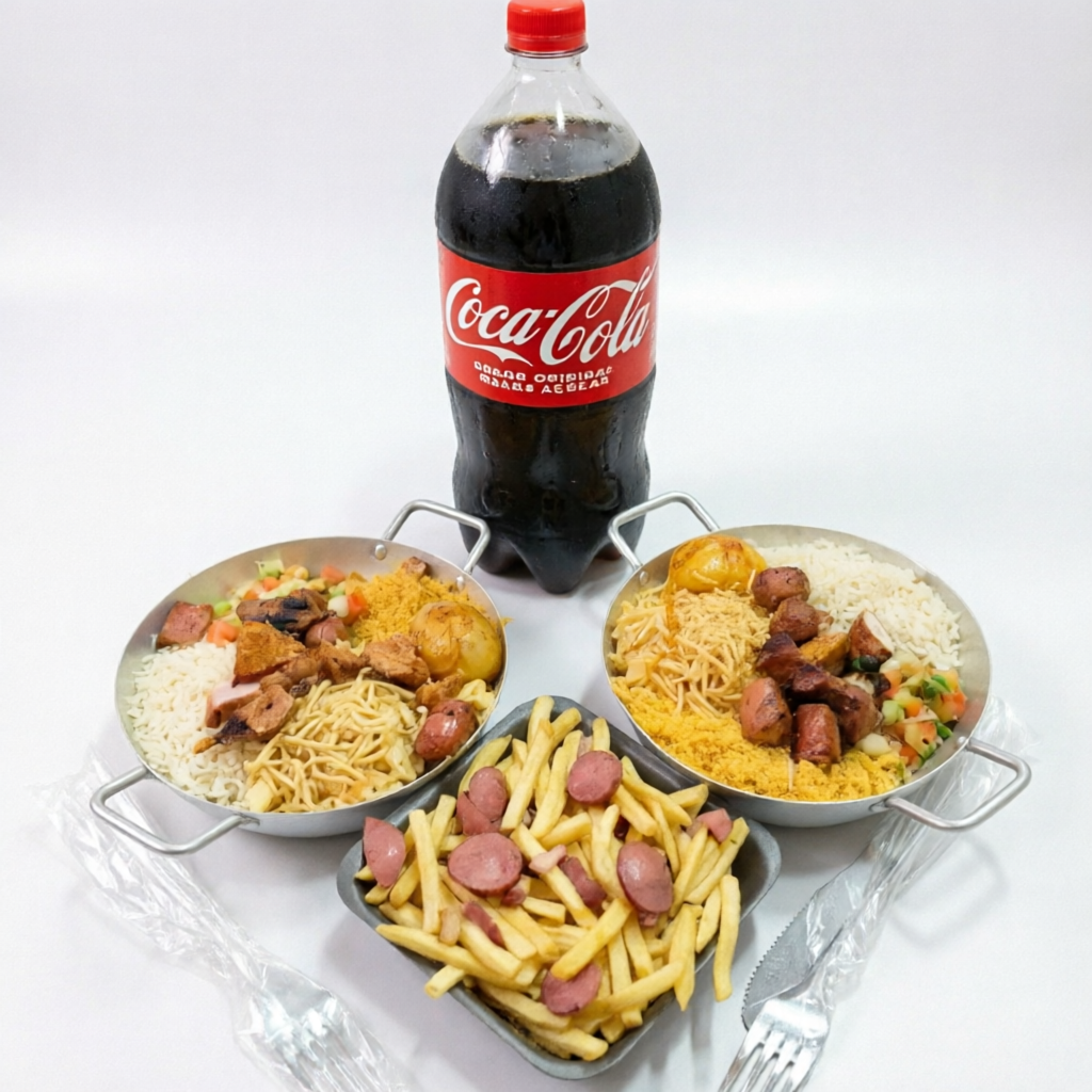 Duas quentinhas pequenas com macarronse,arroz,vinagrete,batata calabresa e farofa mais uma coca 2 litros e uma porção de fritas!