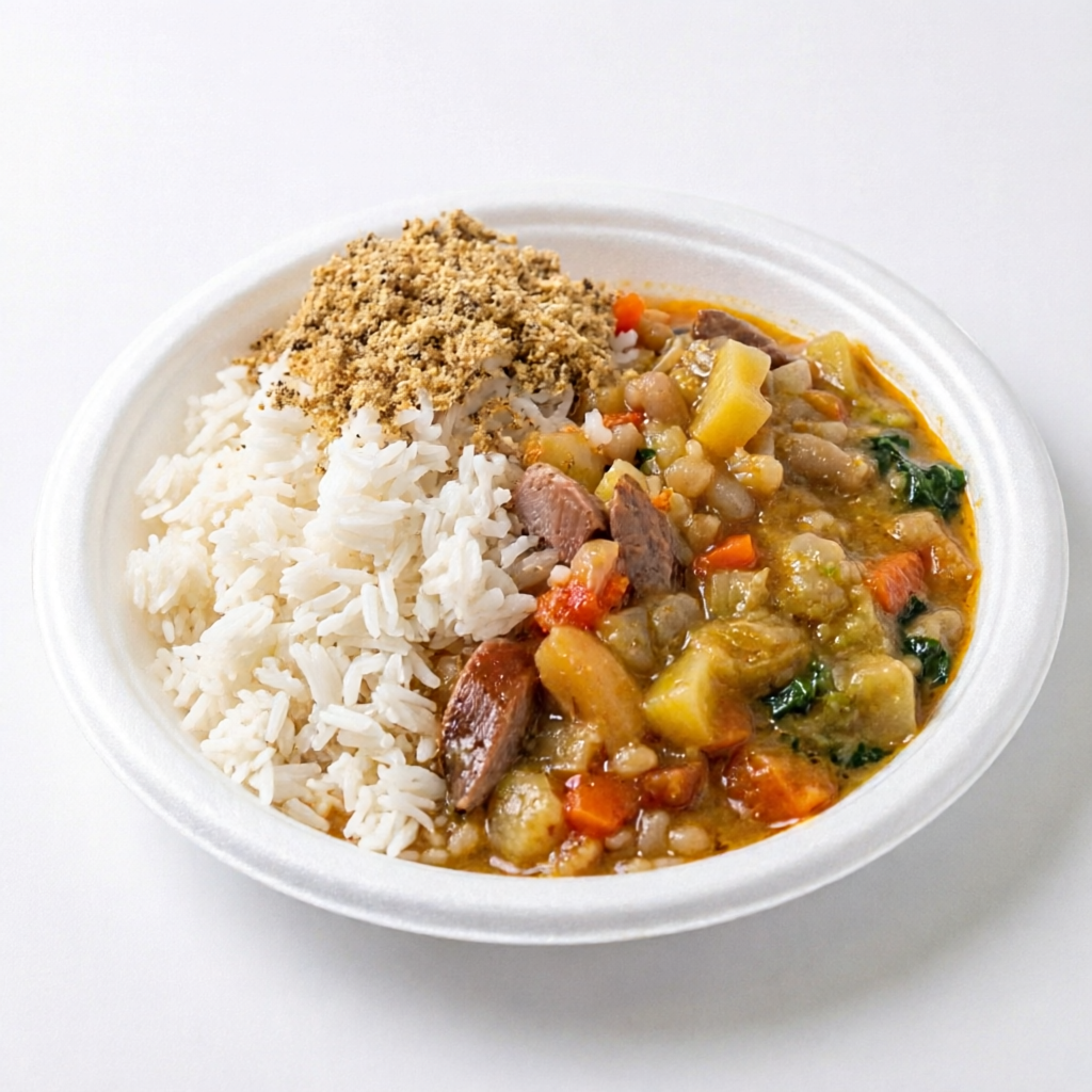 Arroz, mocotó e acompanhamentos de sua preferência