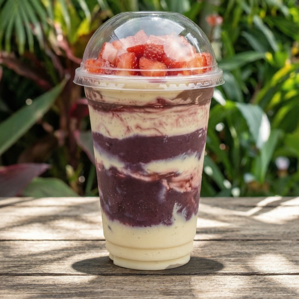 Açaí com Morango disponível nos tamanhos 300ml, 500ml e 700ml, preparado com açaí cremoso, morangos frescos, leite condensado e leite em pó. Uma combinação equilibrada, cremosa e irresistível, perfeita para quem ama o sabor intenso do açaí com o toque especial das frutas e da cremosidade.