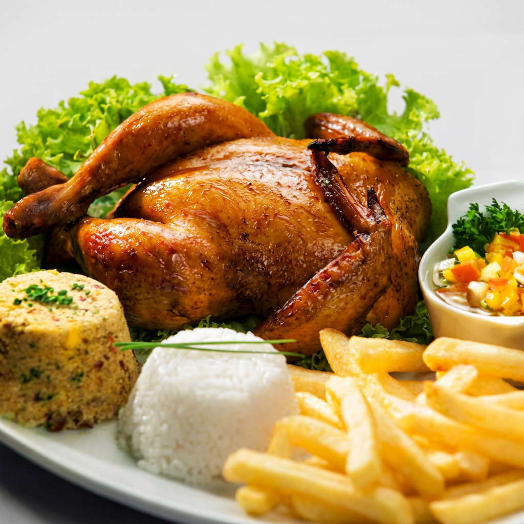 Frango Assado na Brasa Experimente a delícia do autêntico frango assado na brasa sem sair de casa! Nossa equipe especializada prepara cuidadosamente cada frango, temperado com os melhores ingredientes e assado no ponto exato, garantindo suculência e sabor inigualáveis. Sabor Excepcional: Nossos frangos são assados na brasa, resgatando a verdadeira essência dos melhores churrascos, com aquele toque defumado irresistível. Qualidade Premium: Selecionamos apenas frangos frescos e de primeira qualidade, proporcionando um sabor autêntico e textura impecável. Praticidade: Deixe a cozinha de lado e saboreie uma refeição completa sem esforço. A entrega é rápida e realizada com todo o cuidado para manter o frango quentinho até a sua porta. Acompanha: Batata Frita Cortesia: farofa.