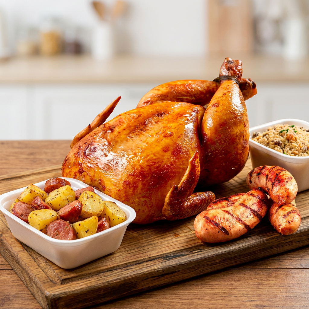 Frango Assado na Brasa Experimente a delícia do autêntico frango assado na brasa sem sair de casa! Nossa equipe especializada prepara cuidadosamente cada frango, temperado com os melhores ingredientes e assado no ponto exato, garantindo suculência e sabor inigualáveis. Sabor Excepcional: Nossos frangos são assados na brasa, resgatando a verdadeira essência dos melhores churrascos, com aquele toque defumado irresistível. Qualidade Premium: Selecionamos apenas frangos frescos e de primeira qualidade, proporcionando um sabor autêntico e textura impecável. Praticidade: Deixe a cozinha de lado e saboreie uma refeição completa sem esforço. A entrega é rápida e realizada com todo o cuidado para manter o frango quentinho até a sua porta. Acompanha: 2un. Linguiças de pernil. Cortesia: Batata calabresa e farofa.