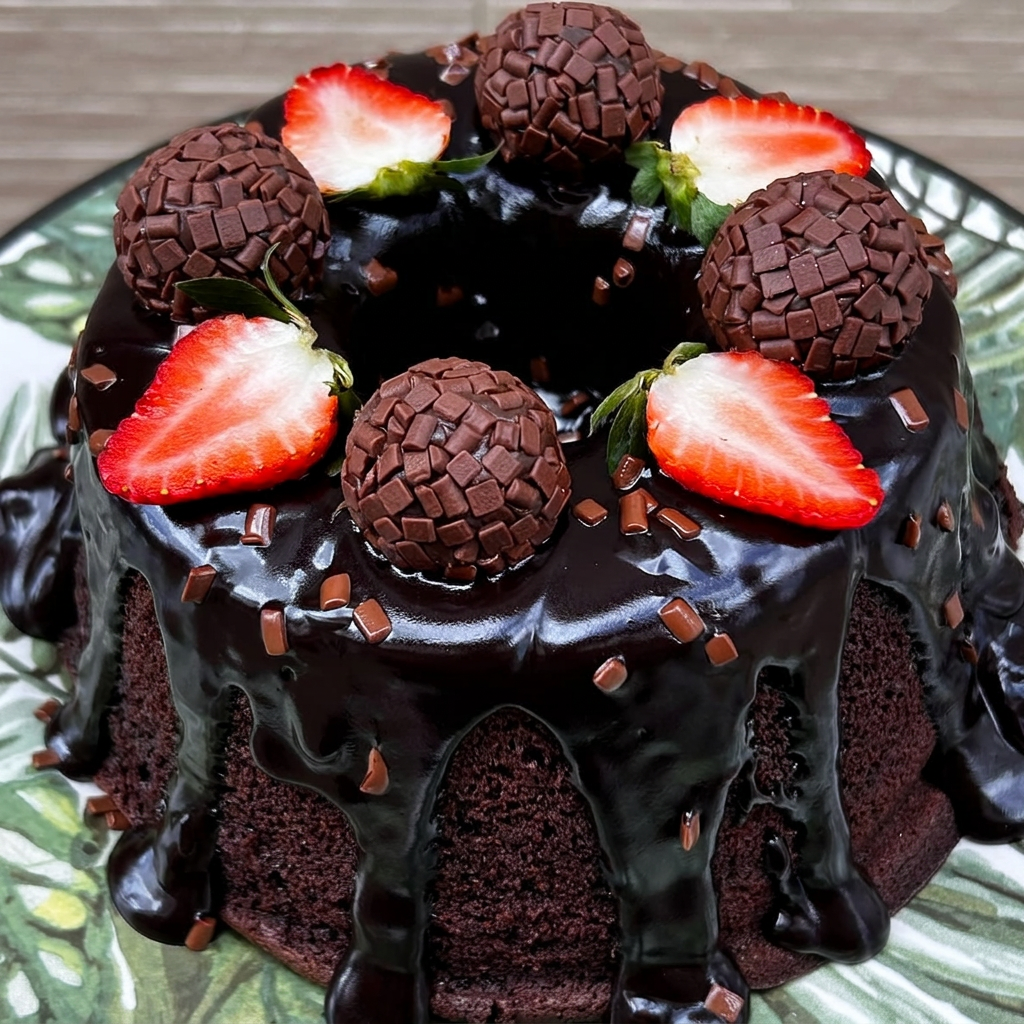 Massa amanteigada, fofinha, molhadinha de chocolate, com cobertura de brigadeiro, finalizado com brigadeiro gourmet e morango fresco . Serve até 7 pessoas