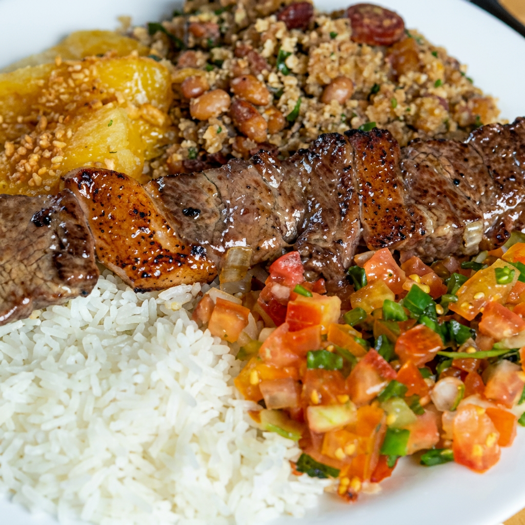 Acompanha : Arroz, feijão tropeiro, mandioca e vinagrete e o espeto