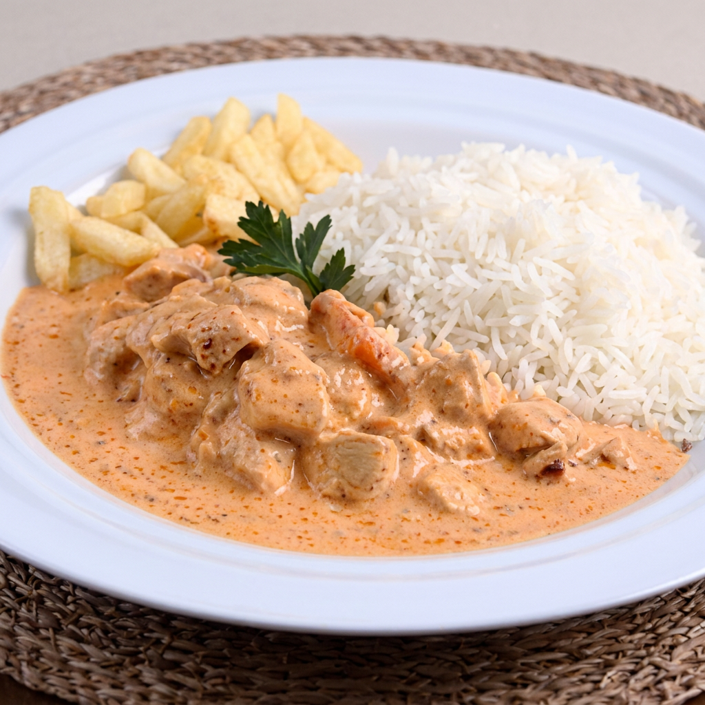 Arroz branco e creme de strogonoff.