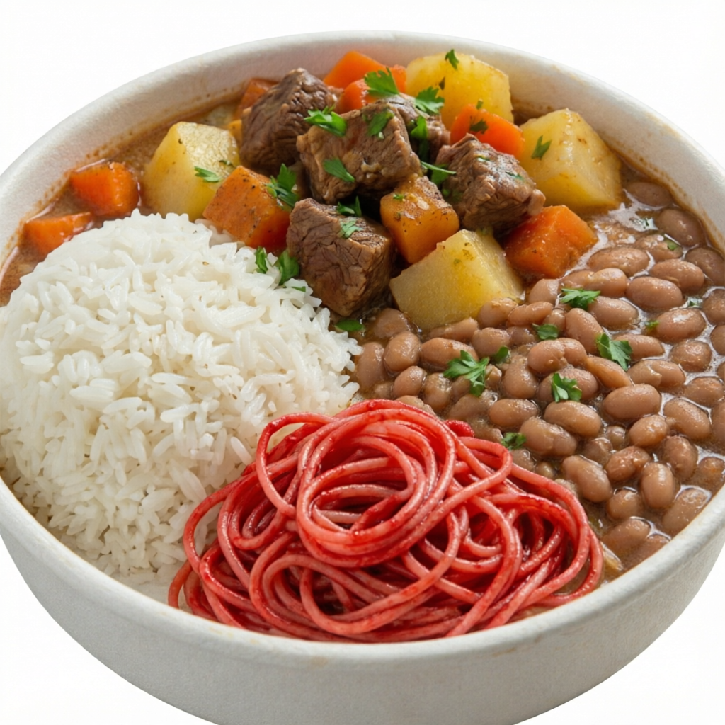 Marmita tradicional - Cubos de carne macia cozidos lentamente em um saboroso molho, acompanhados de um mix de legumes fresco, arroz branco soltinho e feijão caseiro bem temperado e rico em sabor. Para completar macarrão vermelho suculento que traz um toque especial ao prato. Uma refeição caseira que une conforto e qualidade em cada garfada. Experimente essa delicia!