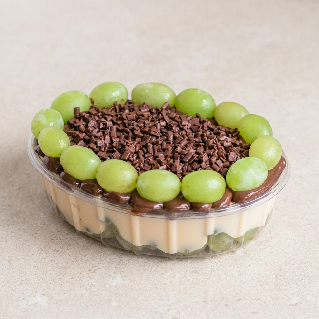Sobremesa composta por: uva verde, brigadeiro cremoso de leite Ninho, brigadeiro cremoso 50% e finalizado com granulado nobre Granule. Embalagem 1 litro/(800g)