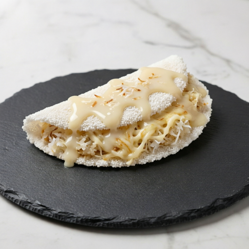 Deliciosa tapioca preparada na hora, recheada com coco, queijo e manteiga, criando uma combinação perfeita entre o doce e o salgado. Leve, macia e cheia de sabor, é uma ótima escolha para qualquer momento do dia!