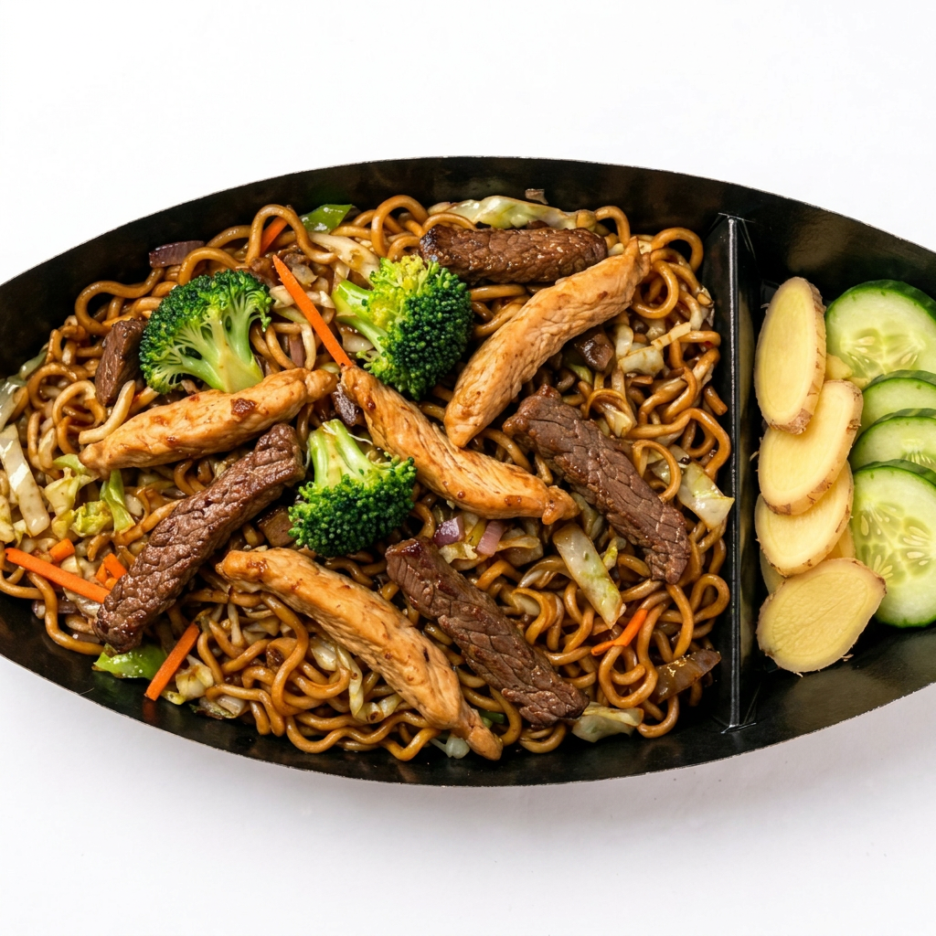 Barca de yissoba grande serve aproximadamente 3 pessoas na barca vai yakissoba, carne frango, gengibre, sono mononomo.