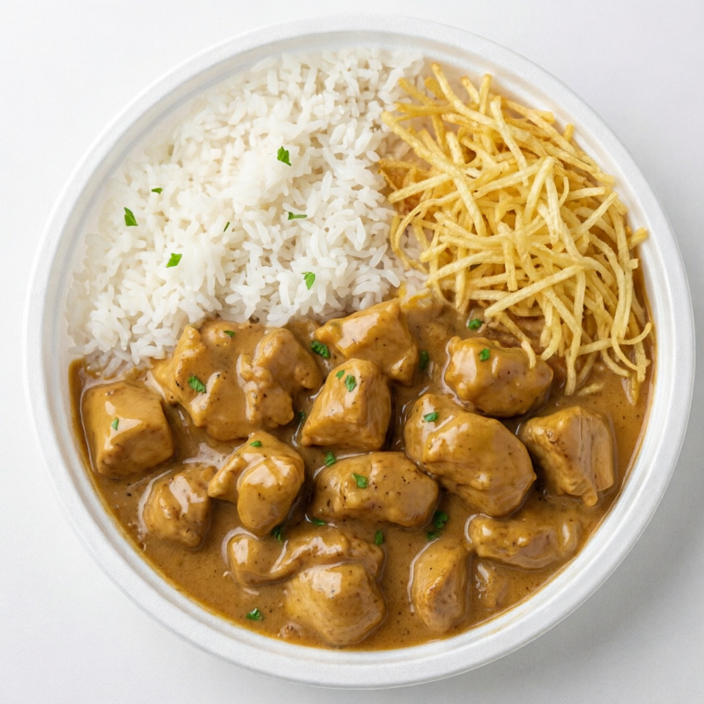 Marmita Cremosa - cubos de frango macios envolvidos em molho cremoso e bem temperado, acompanha arroz branco soltinho e batata palha crocante. Conforto, sabor e textura num so prato. Peça agora e delicie-se!