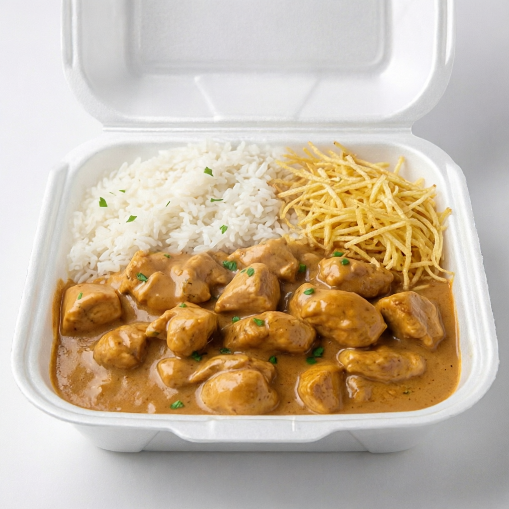 Marmita Cremosa - cubos de frango macios envolvidos em molho cremoso e bem temperado, acompanha arroz branco soltinho e batata palha crocante. Conforto, sabor e textura num so prato. Peça agora e delicie-se!