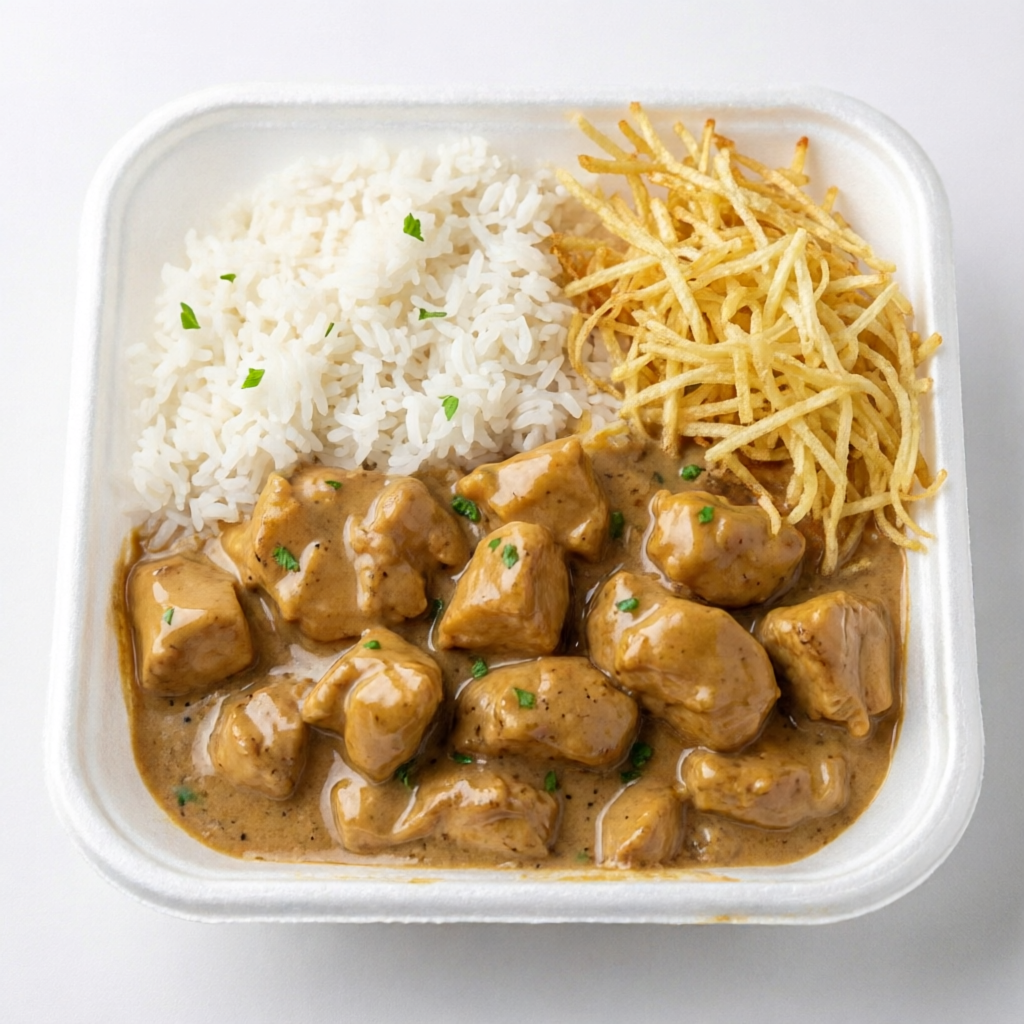 Observação na compra de uma marmita leve outra. Marmita Cremosa - cubos de frango macios envolvidos em molho cremoso e bem temperado, acompanha arroz branco soltinho e batata palha crocante. Conforto, sabor e textura num so prato. Peça agora e delicie-se!