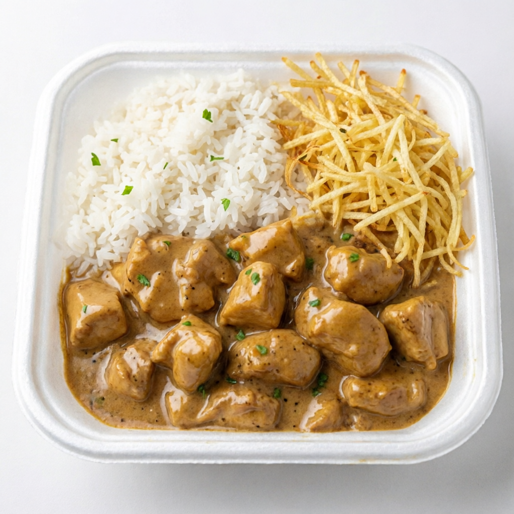 Observação na compra de uma marmita leve outra. Marmita Cremosa - cubos de frango macios envolvidos em molho cremoso e bem temperado, acompanha arroz branco soltinho e batata palha crocante. Conforto, sabor e textura num so prato. Peça agora e delicie-se!