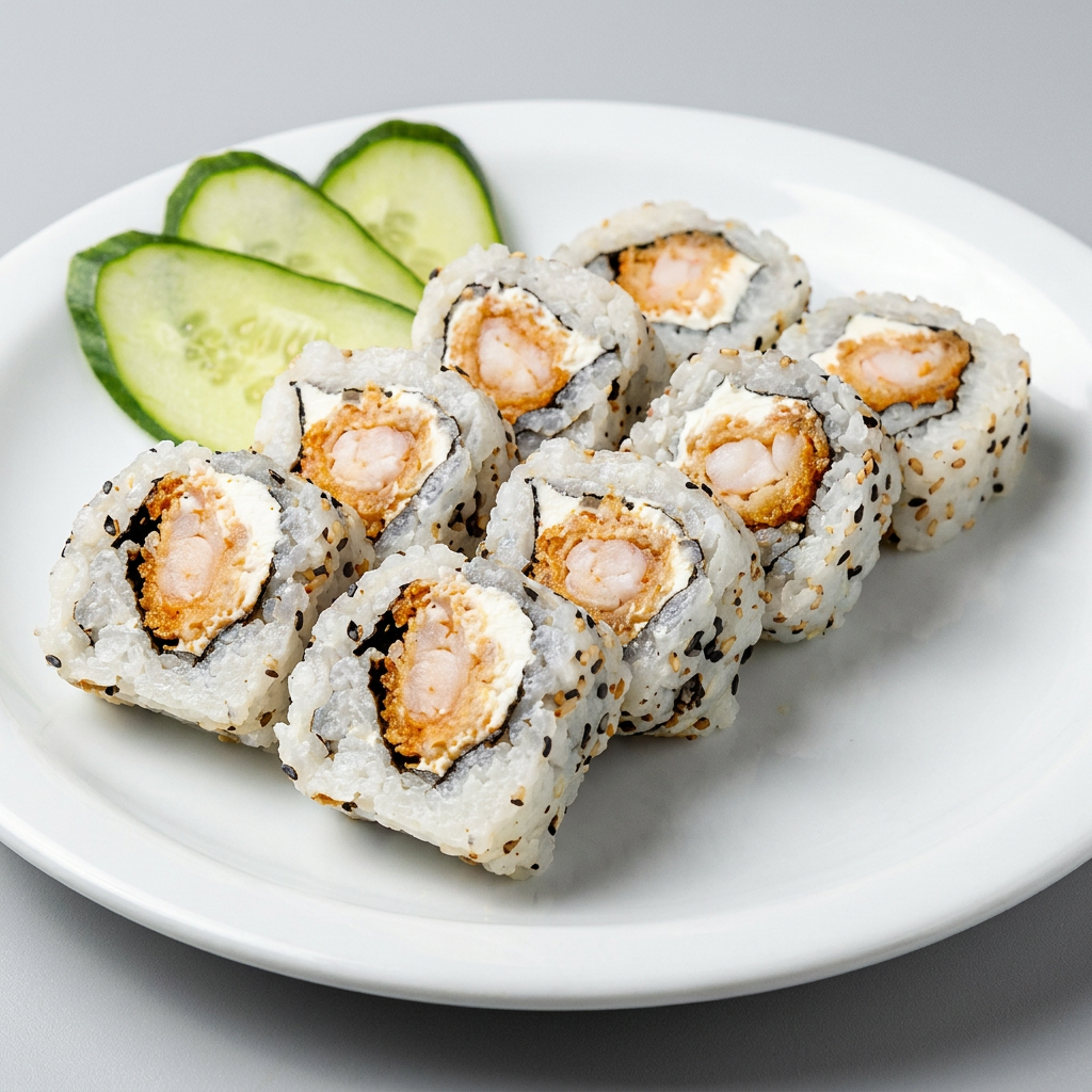 arroz, alga, cream cheese e camarao empanado