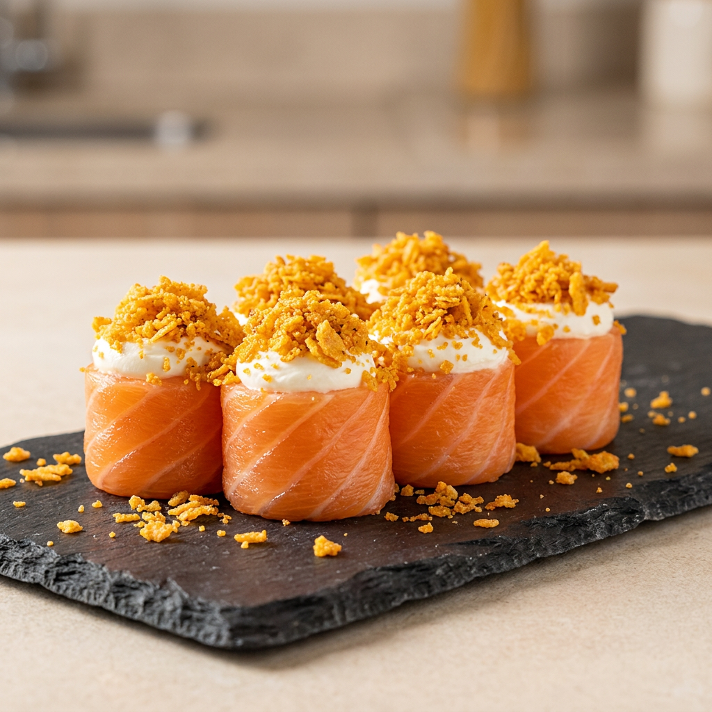 salmao, cream cheese e farofa de doritos (4 unidades)