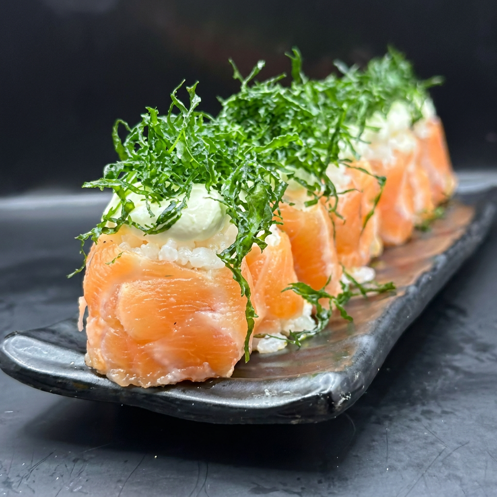 salmao, cream cheese e crispy de couve