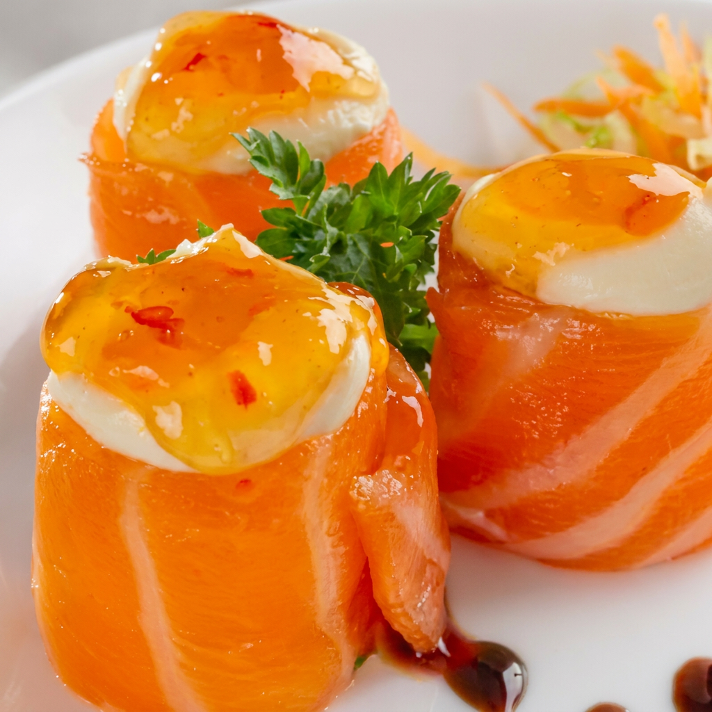 Salmão, creme cheese, cebolinha, arroz, sweet chilli.