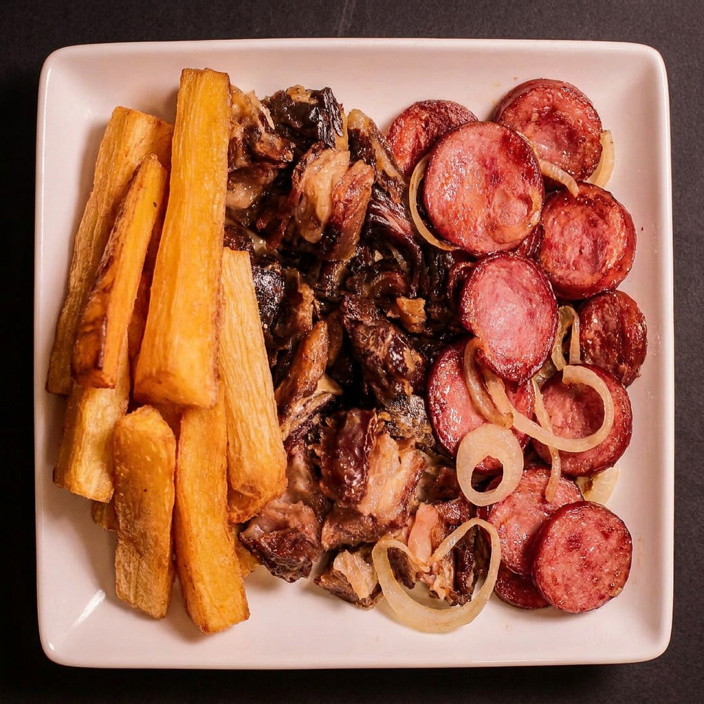 Uma Porcão Generosa de 300 Gramas de Aipim Frito, Charque e Calabresa.