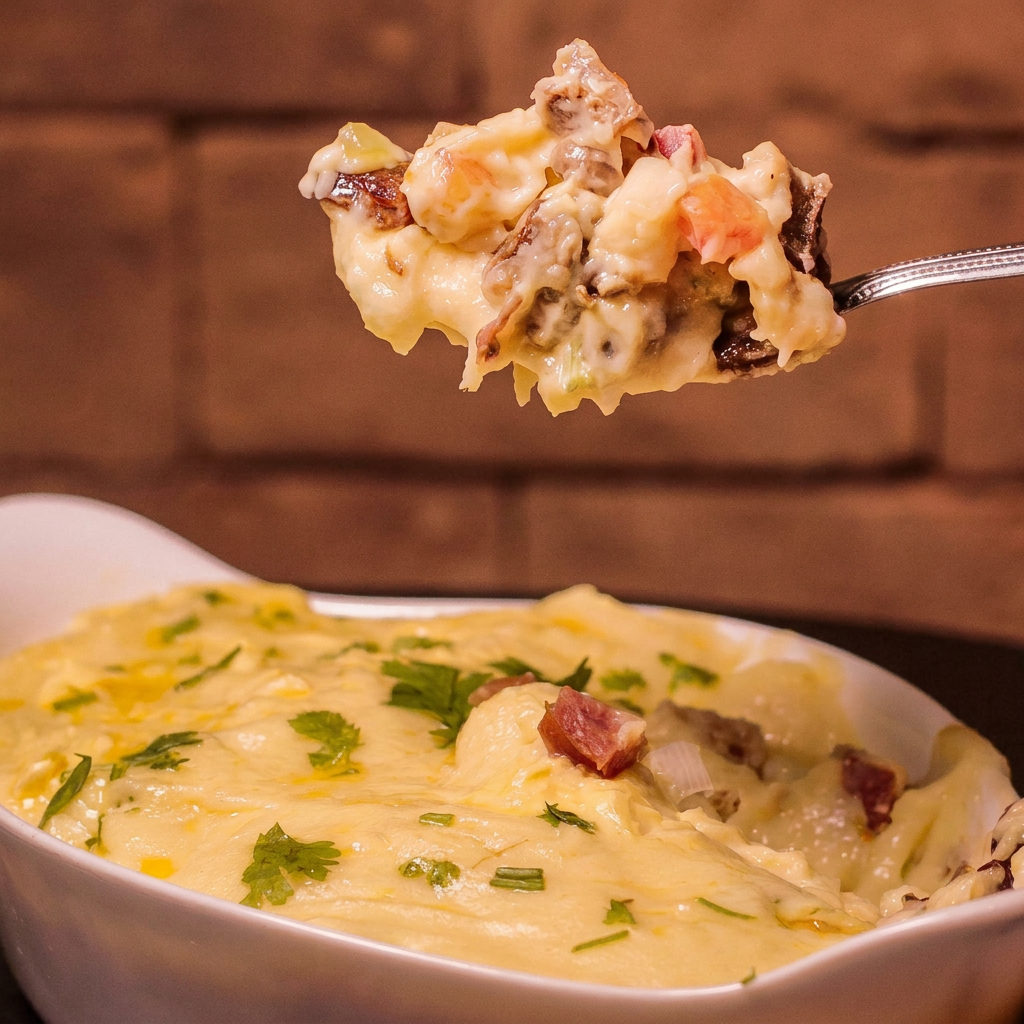 Nosso Delicioso Escondidinho de Carne do Sol com uma Generosa Cobertura de Queijo Coalho, acompanhada de Arroz Branco.