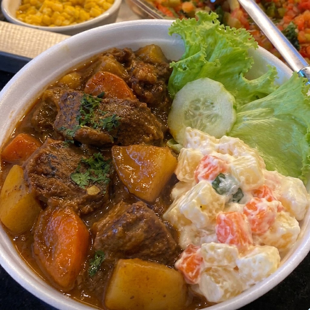 Ensopado de boi, cozido lentamente com temperos especiais, para um sabor rico e reconfortante.