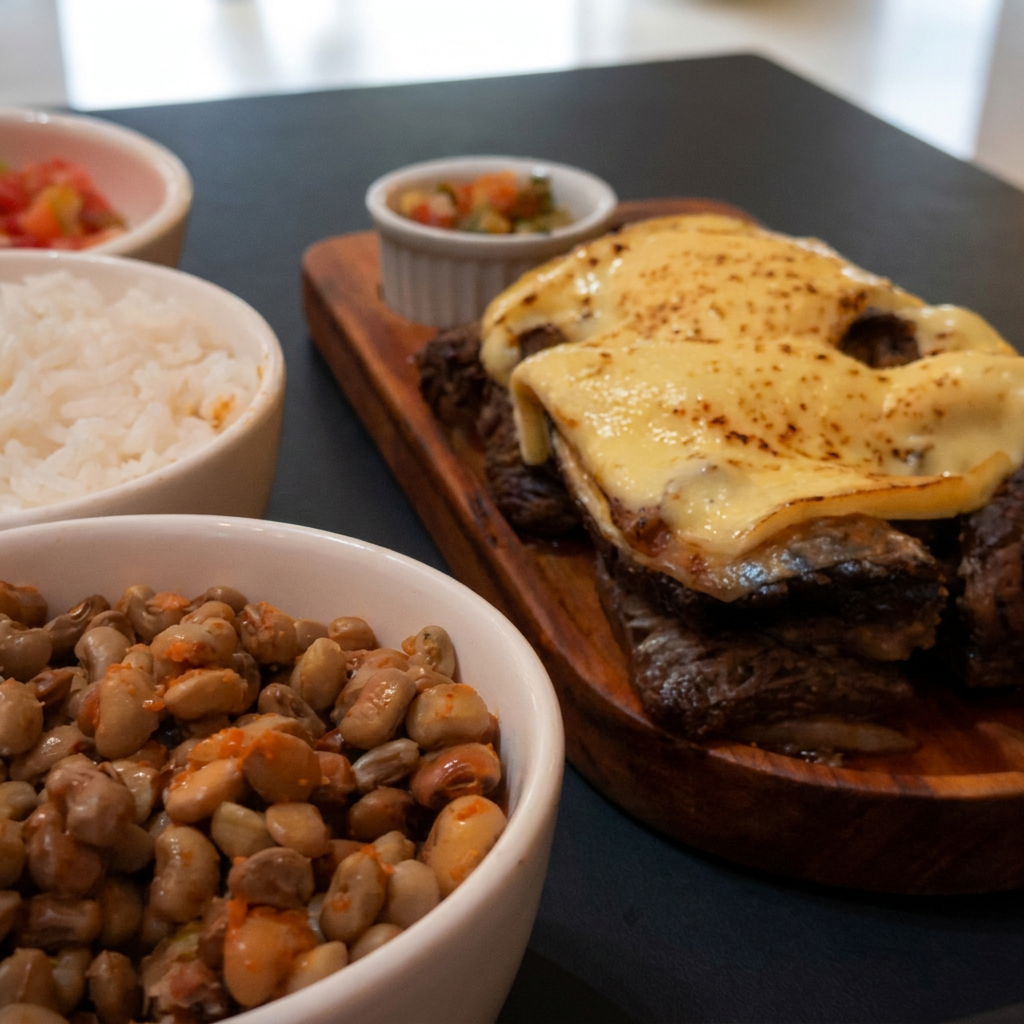 Charque Com Queijo Coalho Maçaricado, Feijão Verde, Arroz e Salada.
