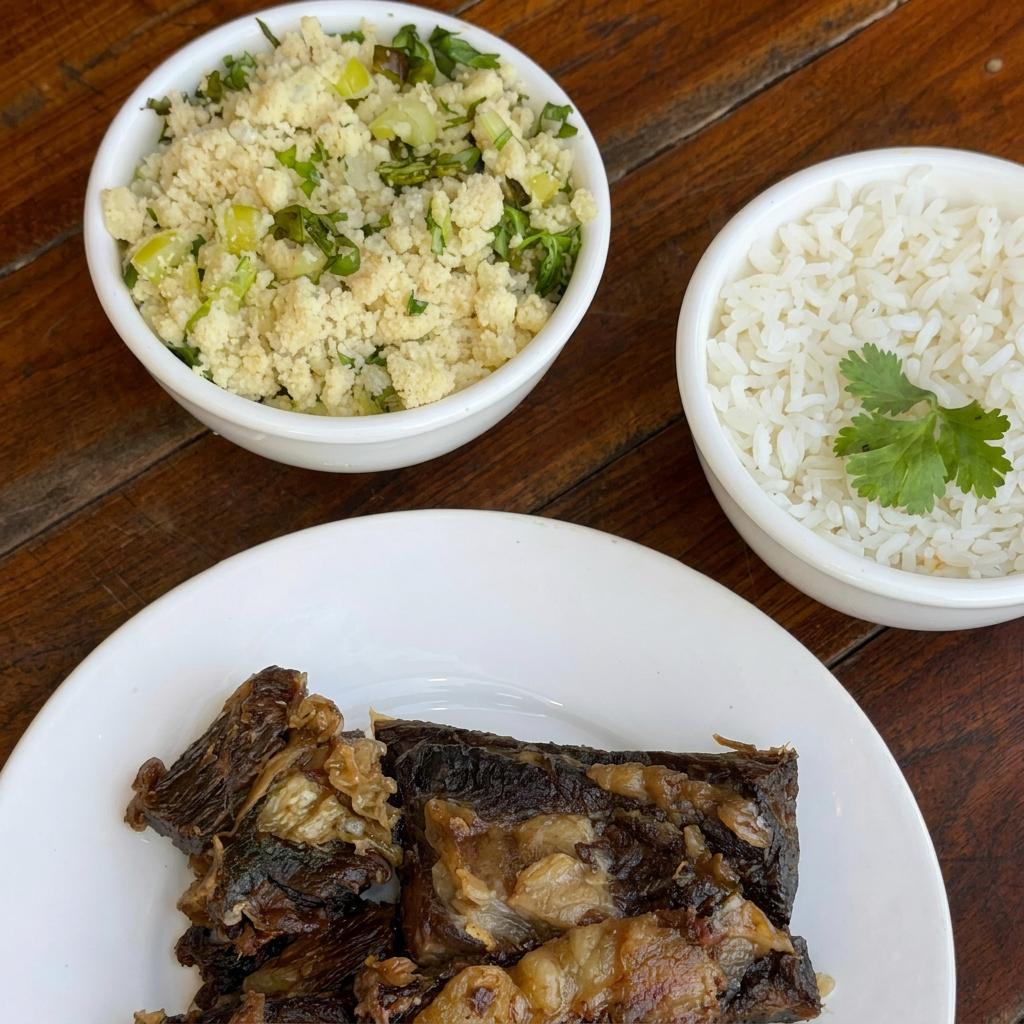 Charque, Farofa D'água, Arroz.