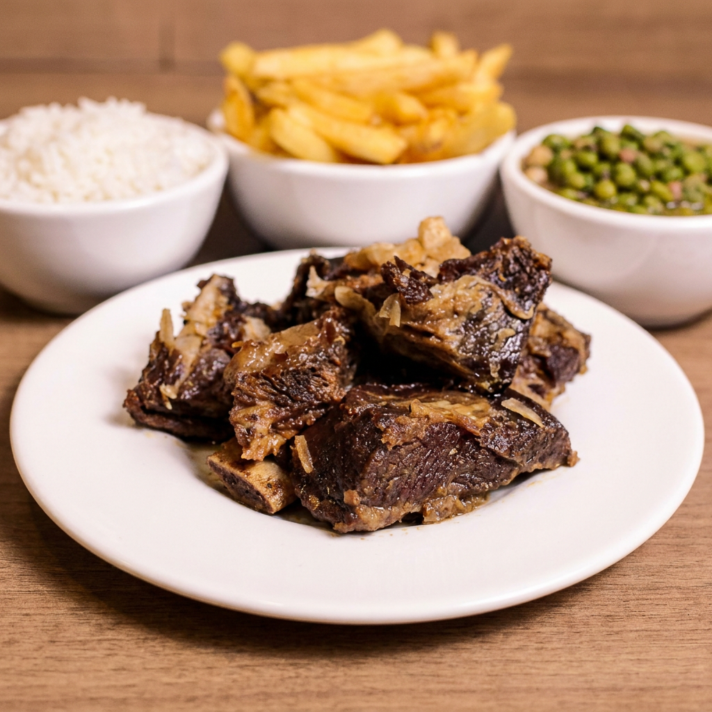 Charque, Feijão verde, Batata Frita, Arroz.