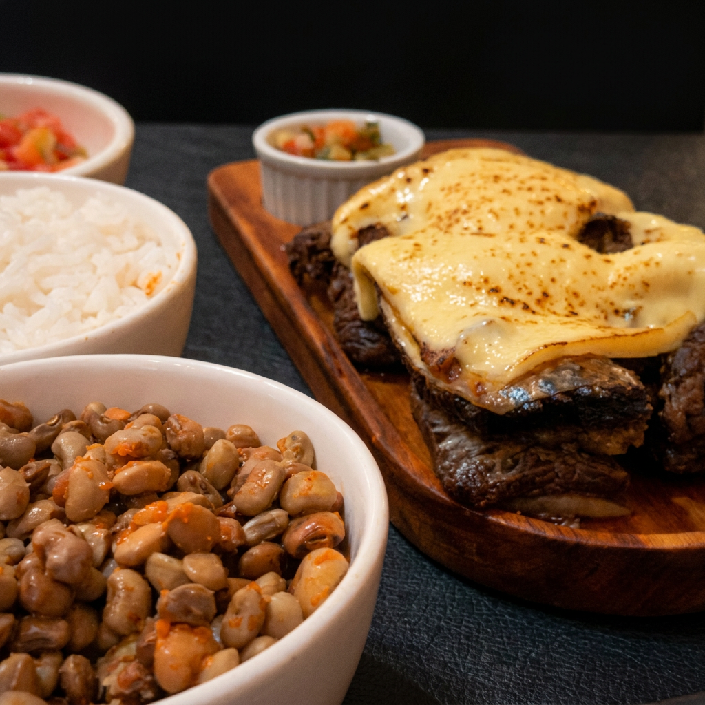 Charque Com Queijo Coalho Maçaricado, Feijão Verde, Arroz e Salada.