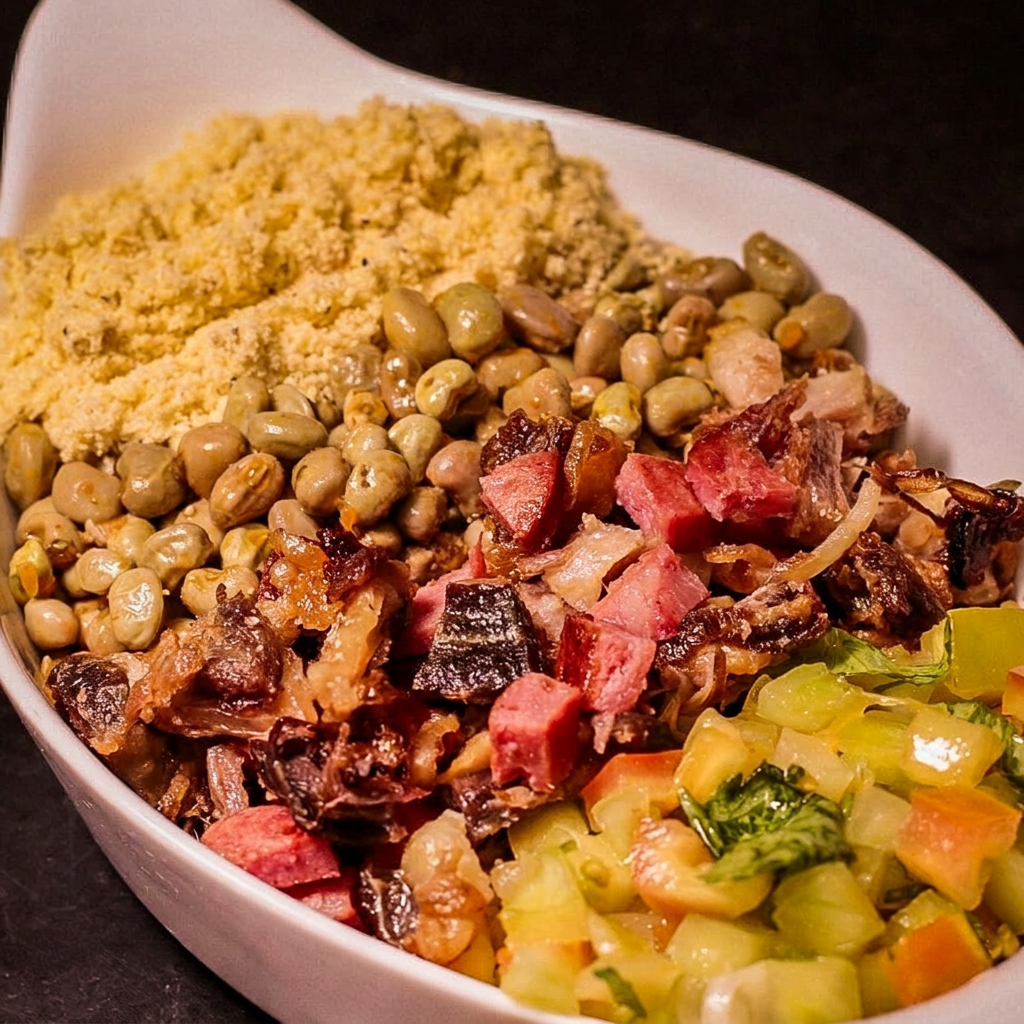 Nosso Mais Novo Prato, Com Nosso Maravilhoso Charque, Calabresa e Bacon, Acompanhado de Feijão Fradinho, Farofa, e Salada Vinagrete.