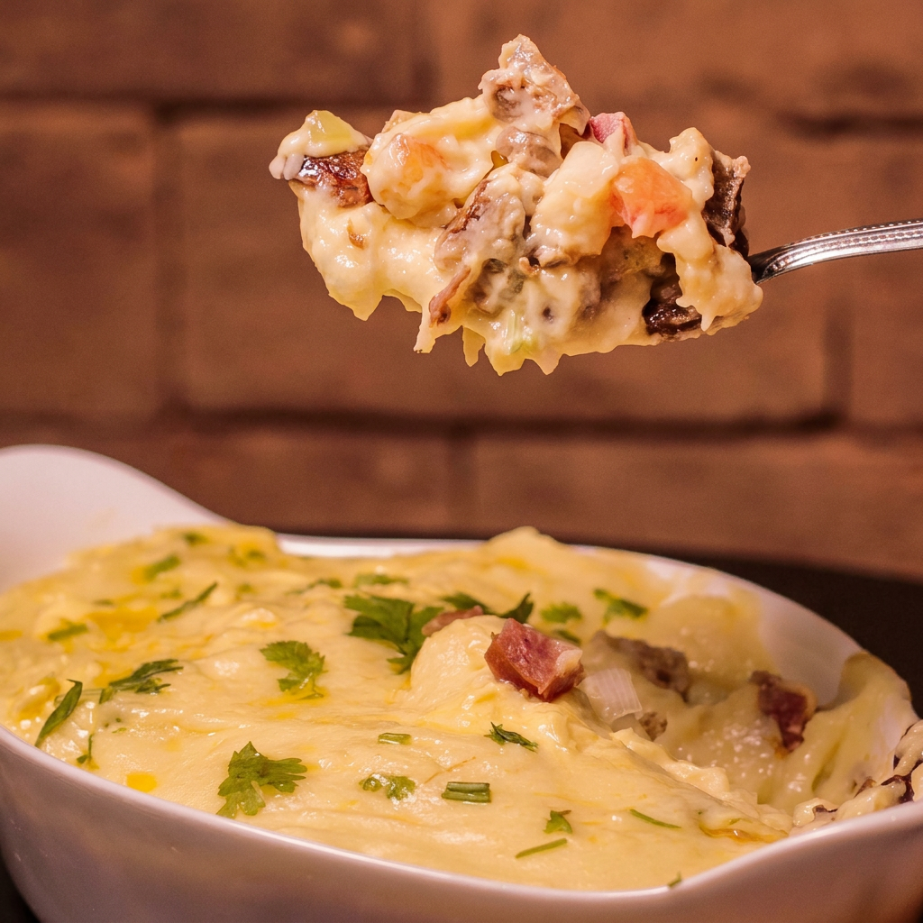 Nosso Delicioso Escondidinho de Carne do Sol com uma Generosa Cobertura de Queijo Coalho, acompanhada de Arroz Branco.