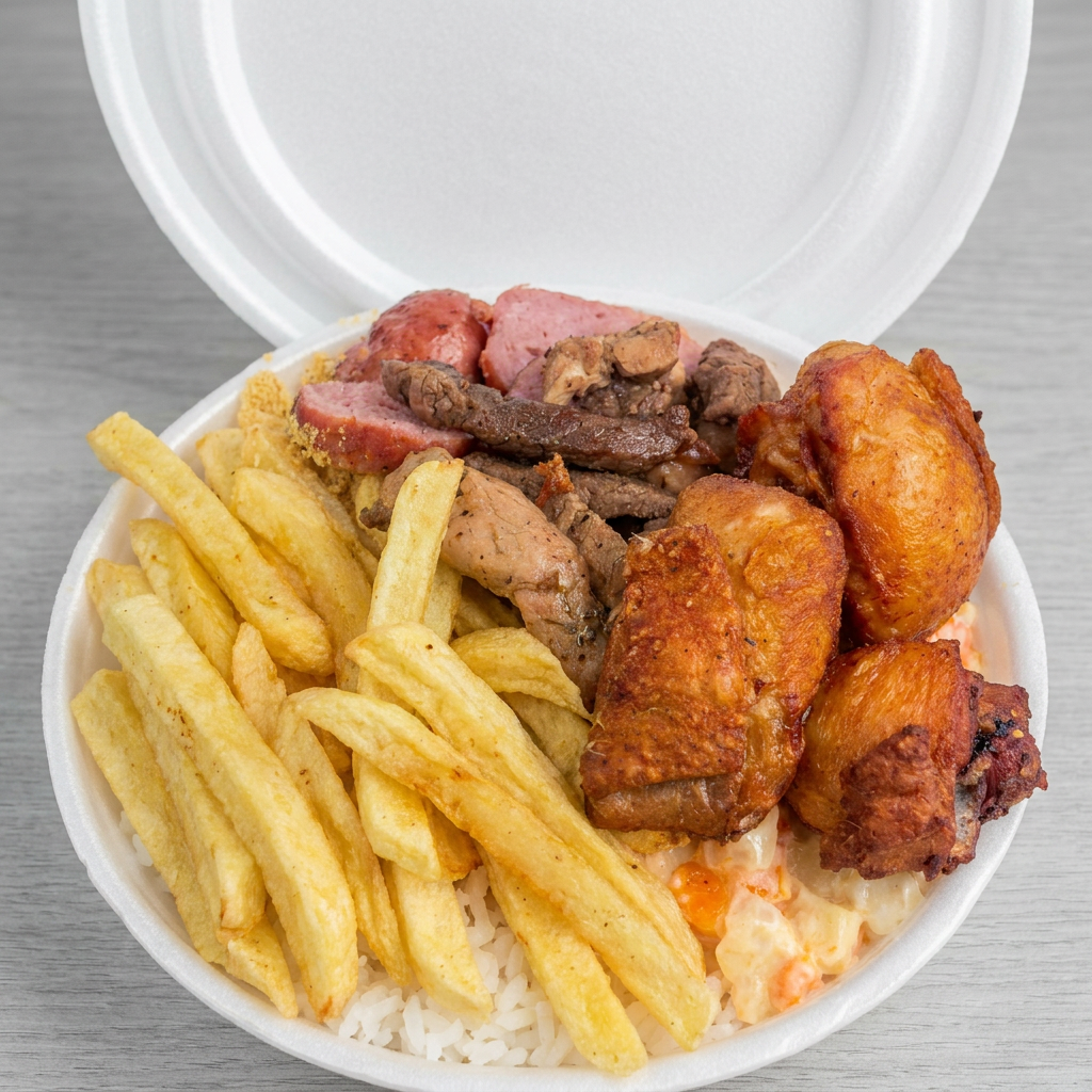 Acompanha churrasco misto, frango à passarinho, arroz, molho vinagrete, farofa, salpicão e batata frita
