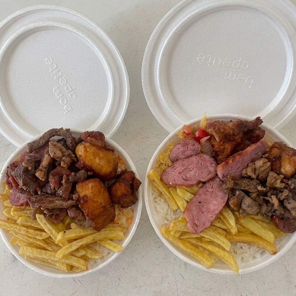 2 Quentinhas Acompanha: Churrasco misto, frango à passarinho, Arroz, molho vinagrete, farofa, salpicão e batata frita.