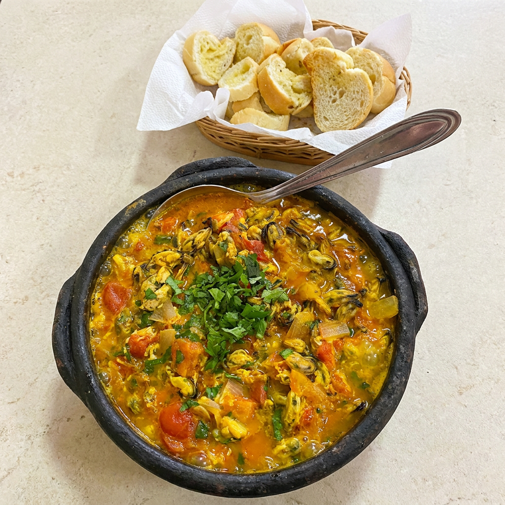 Vatapá, Caruru, arroz, feijão fradinho, farofa, banana e muqueca de marisco.