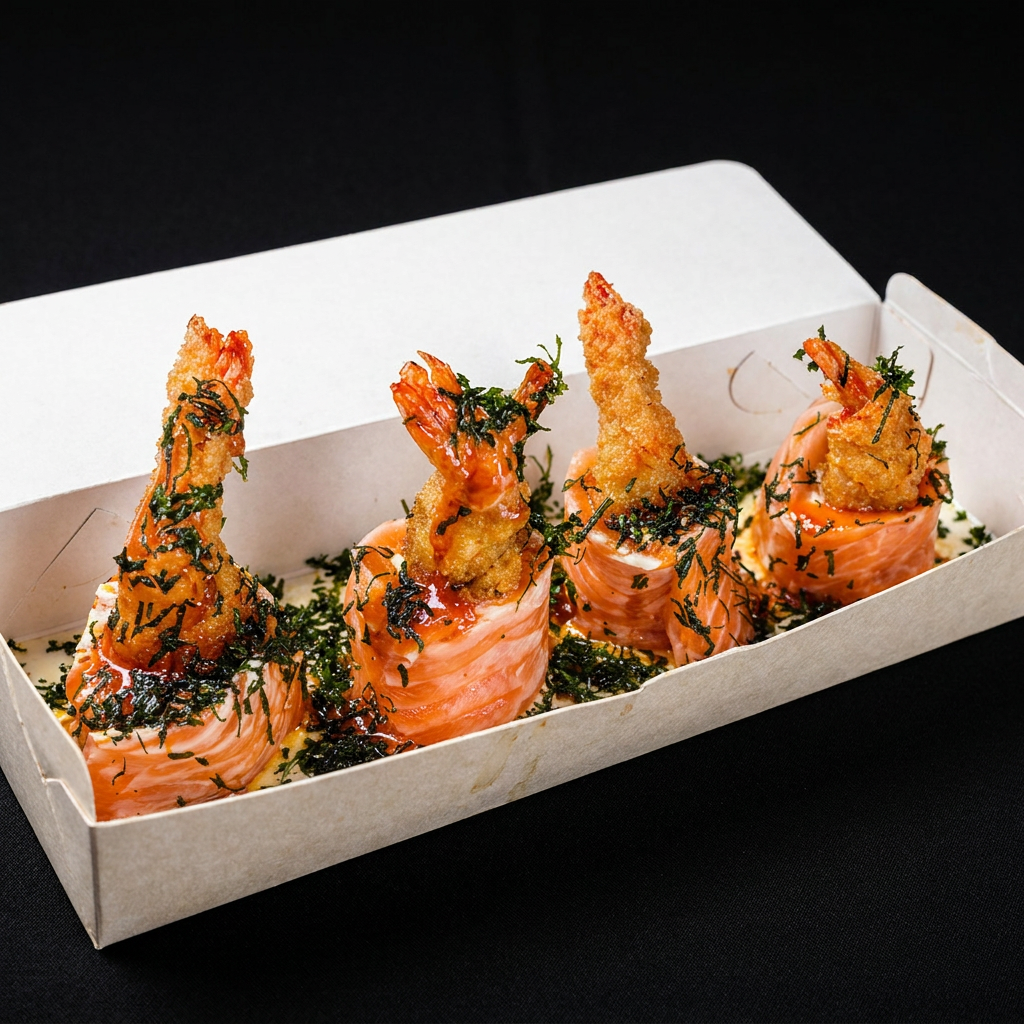 Salmão cru enrolado ao redor de camarão suculento, recheado com cream cheese, regado com molho tare e finalizado com crispy de couve. Frescor, cremosidade e crocância em harmonia. Observação: Nossos pratos são preparados conforme a receita Original da casa. Não realizamos alterações, substituições ou remoções de itens nos pratos ou combos escolhidos. Agradecemos a compreensão.