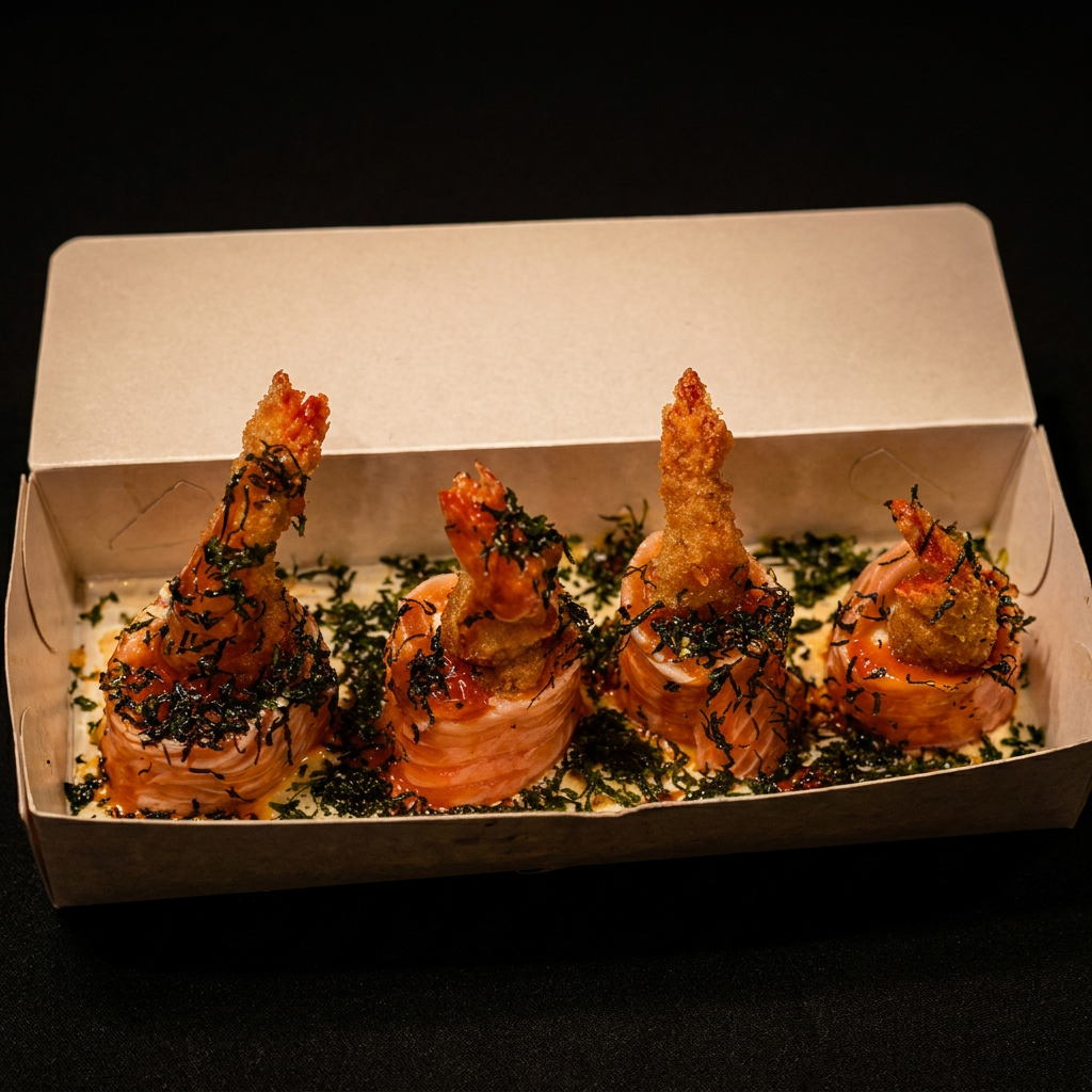 Bailarina Especial: salmão maçaricado (flamejado) enrolado ao redor de camarão suculento, recheado com cream cheese, regado com molho tare e finalizado com crispy de couve. Uma obra-prima de sabores e texturas. Observação: Nossos pratos são preparados conforme a receita Original da casa. Não realizamos alterações, substituições ou remoções de itens nos pratos ou combos escolhidos. Agradecemos a compreensão.