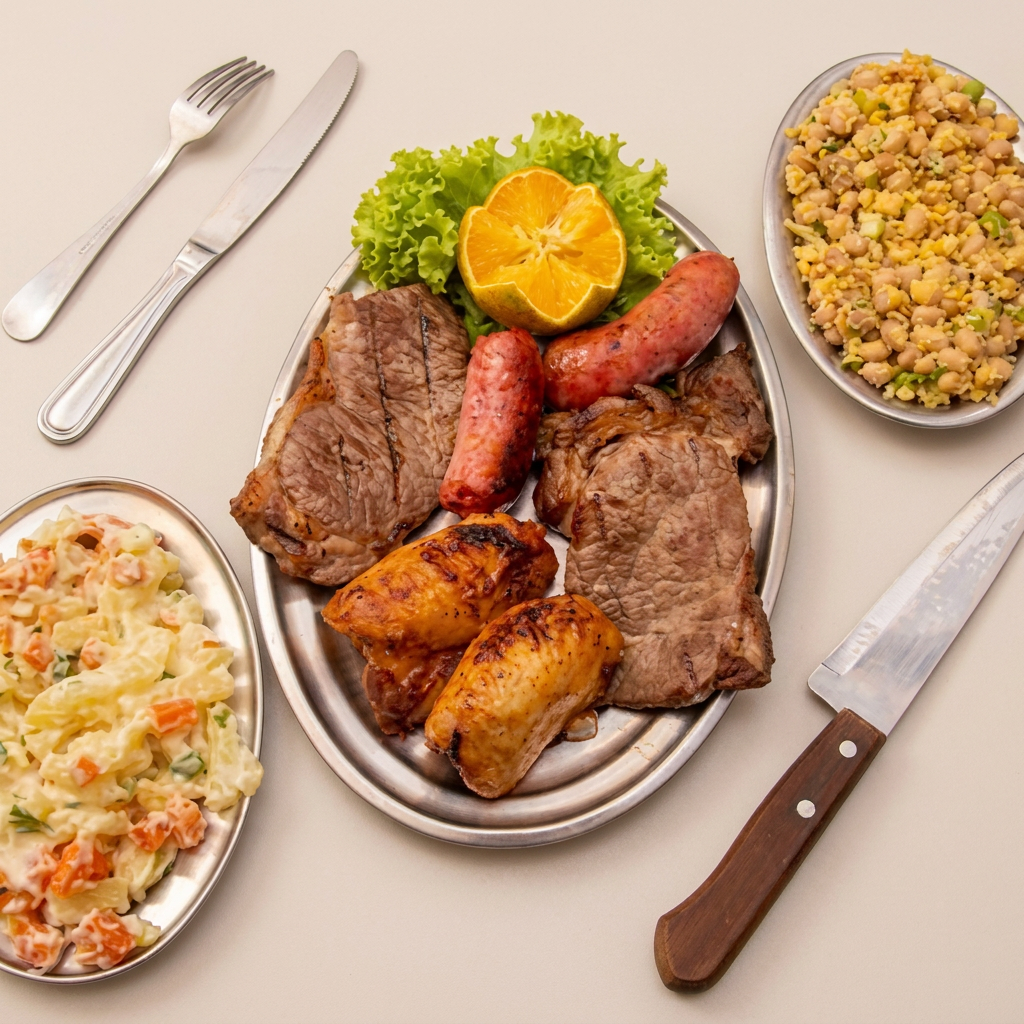 Descubra o autêntico paladar do churrasco brasileiro no aconchego do seu lar com o nosso 'Churrasco Misto para Duas Pessoas'! Este prato é uma fusão irresistível de sabores, que serve bem a duas pessoas, composto por 02 coxas de frango suculentas, 02 toscanas apetitosas e uma generosa porção de alcatra primorosamente grelhada. Para enriquecer ainda mais seu prato, incluímos feijão tropeiro saborosamente temperado, arroz delicadamente solto, maionese caseira cremosa e um vinagrete fresco. Uma refeição completa pensada para agradar seu paladar e proporcionar uma experiência gastronômica memorável!