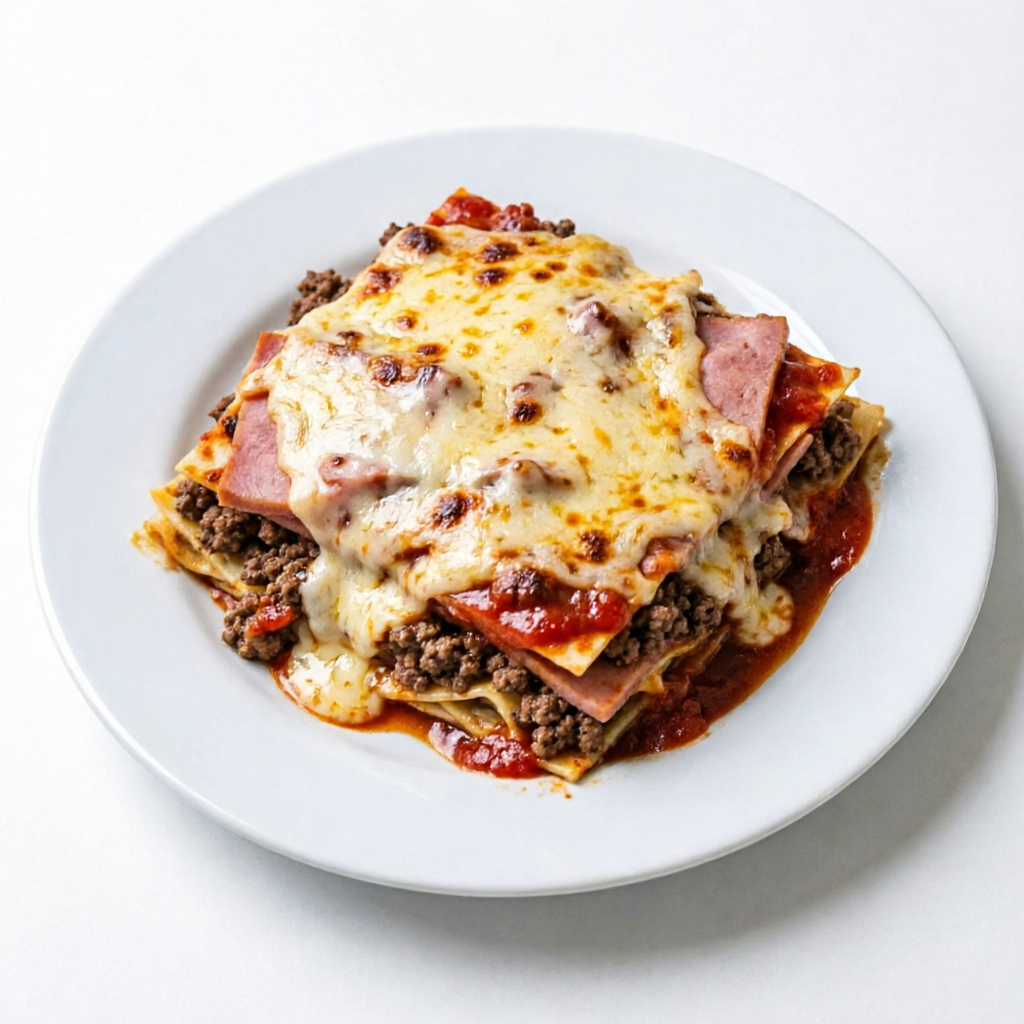 Massa de lasanha,carne moida,queijo e presunto(prato único)
