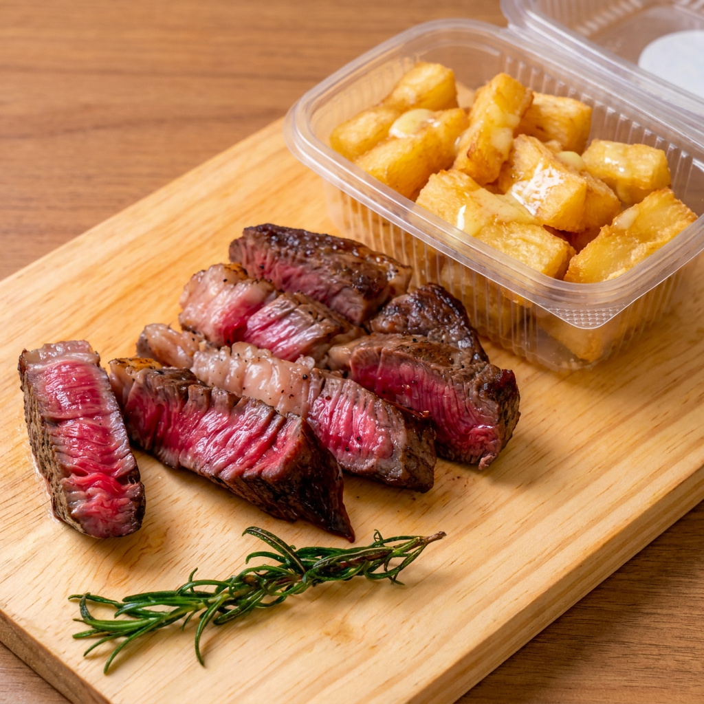 Corte especial, carne magra e macia, acompanha aipim na manteiga de garrafa