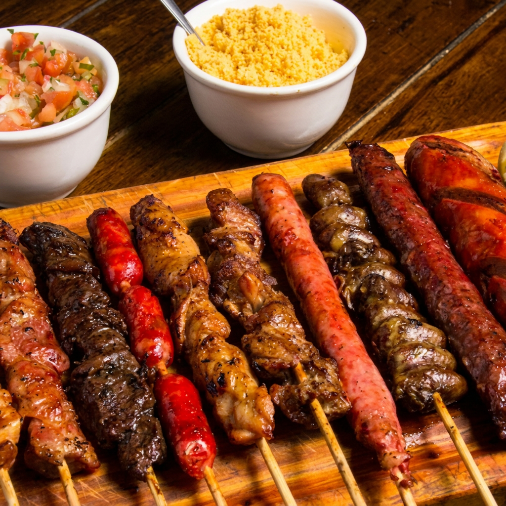 O Combo 8 Espetos é ideal para famílias e reuniões. Ele traz 8 espetos sortidos (como carne, frango e linguiça), acompanhamentos fartos como arroz, vinagrete, farofa e batata frita, garantindo uma refeição saborosa, prática e perfeita para compartilhar.