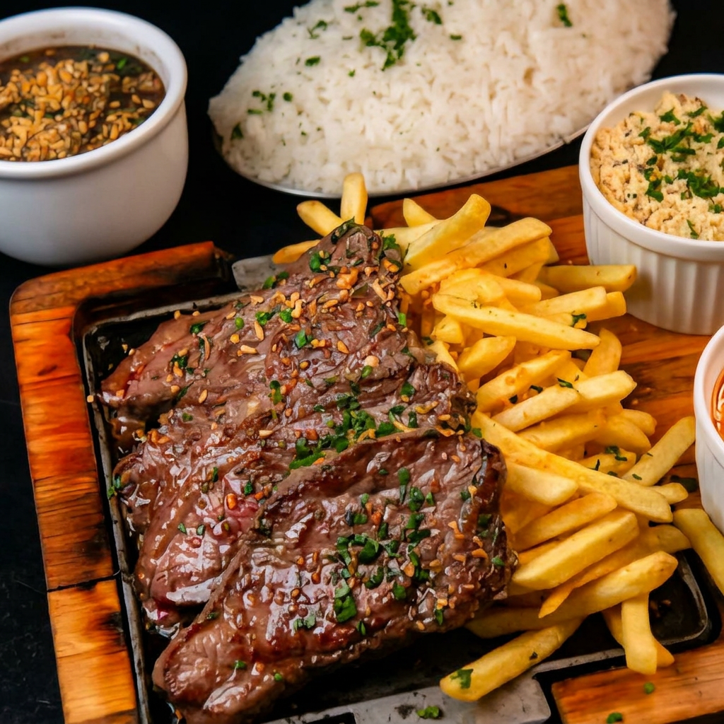 Picanha Na brasa Com aquele arroz soltinho aquela vinagrete farofinha e aquela batata frita bem sequinha