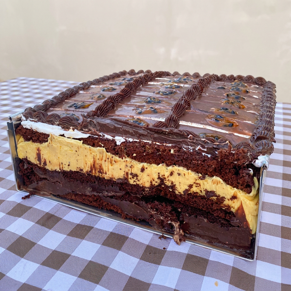 Deliciosa torta massa cacau , recheada com creme chocolate 50% cacau e brigadeiro de Maracujá. Peso Aprox 300gr ( Acompanha Calda de Chocolate).