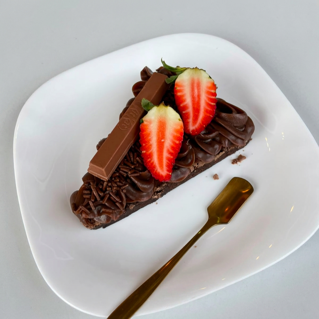 Fatia caprichada de Brownie, coberto com Brigadeiro de Chocolate Cremoso e KitKat com morango Fresco.