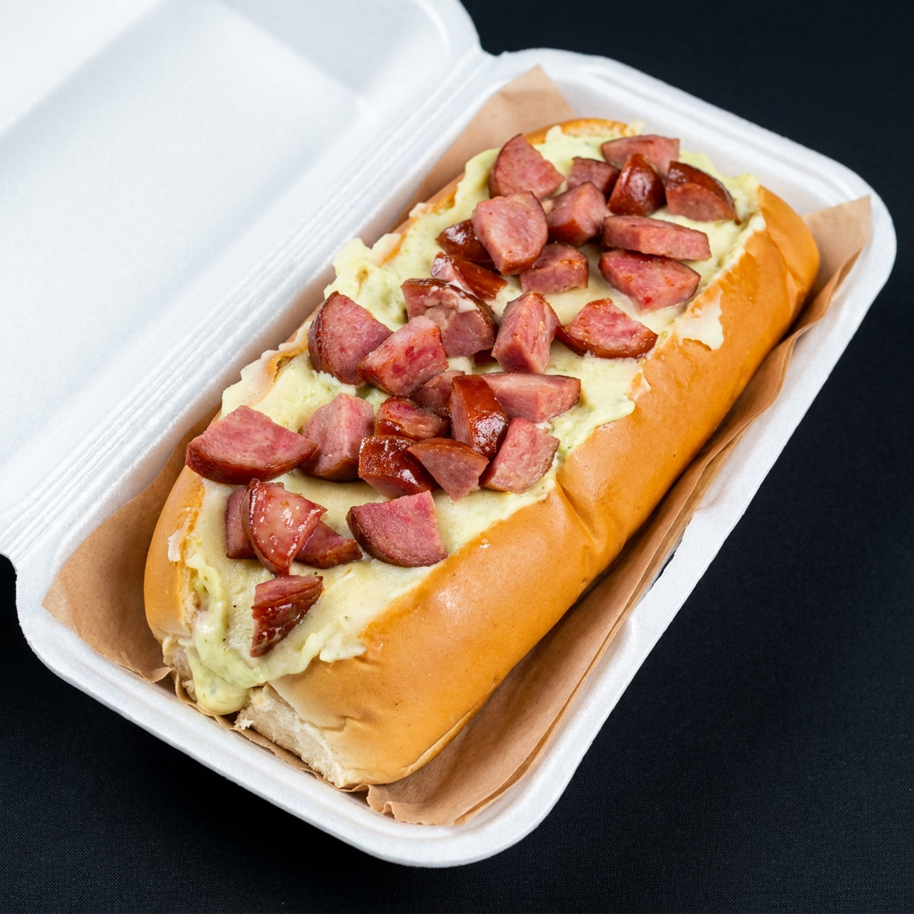 contém: 2 salsicha, ketchup, Barbecue, requeijão, molho calabresa, maionese verde e mostarda