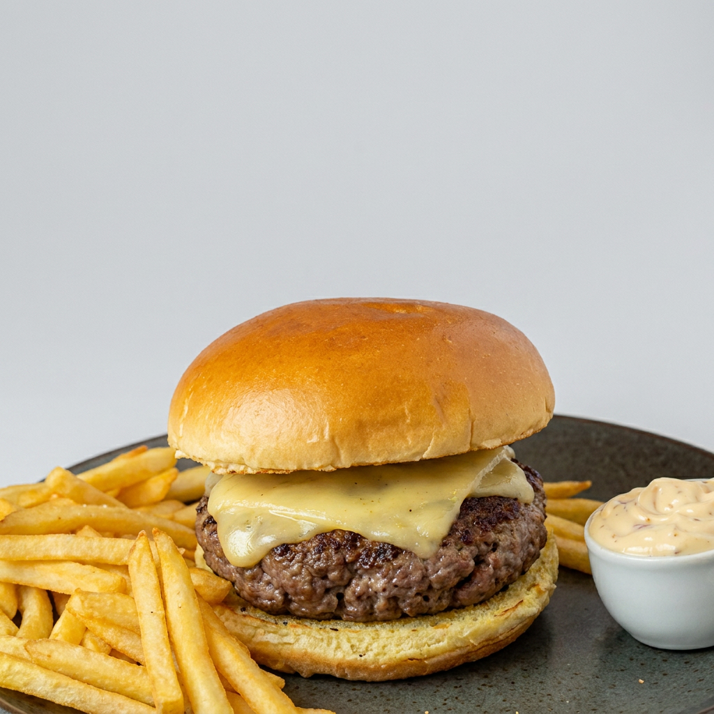 Pão brioche, kafta burger d carne (aprox. 160g) e queijo prato. Acompanhando batata frita e molho de pasta de alho