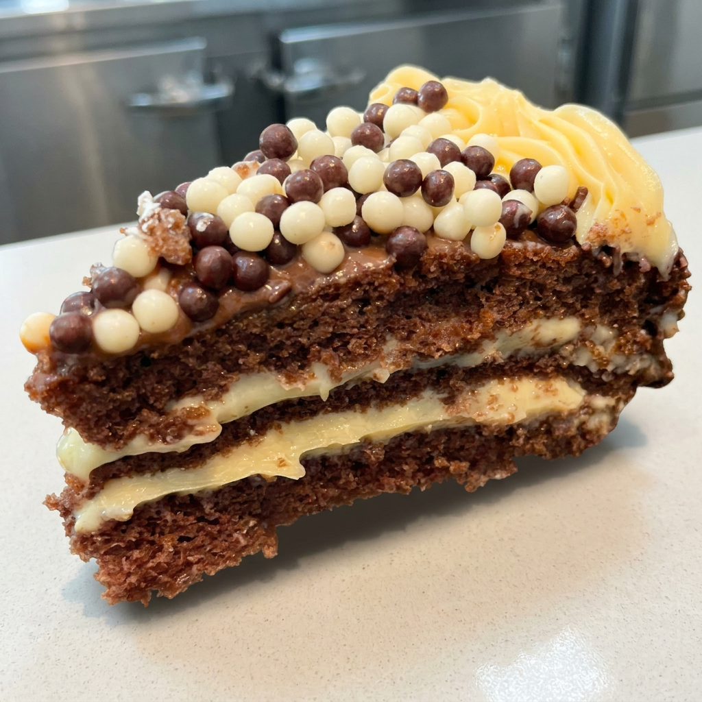 Massa de chocolate e brigadeiro branco. Lateral de granulado, coroa de brigadeiro branco e chocopower.
