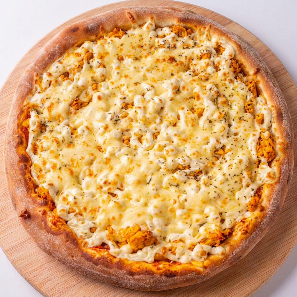 Pizza Frango com Catupiry 40cm Massa artesanal, mussarela de alto padrão, frango desfiado com tempero da casa, Catupiry e orégano Serve até 4 pessoas (8 a 10 fatias) Vai com padrão borda gourmet