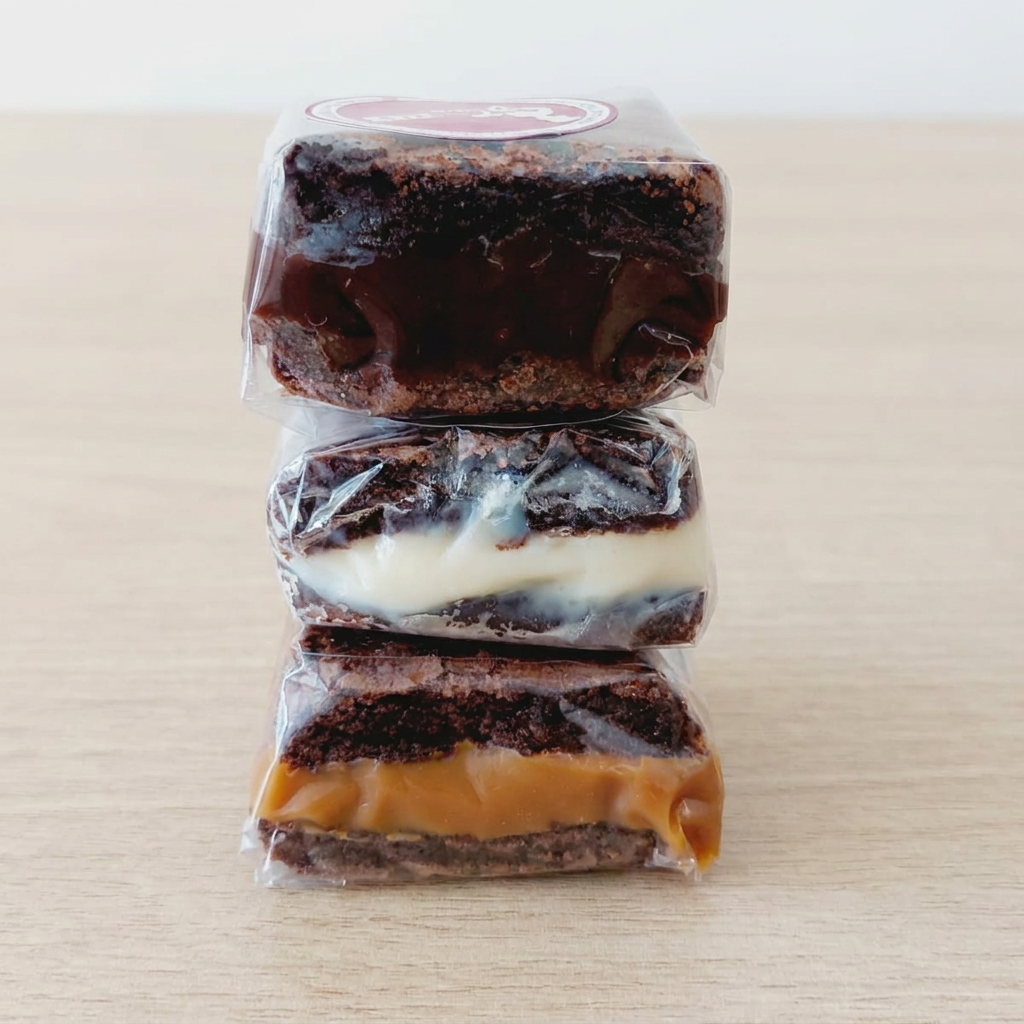 Brownie tradicional com recheio de ninho e textura macia.