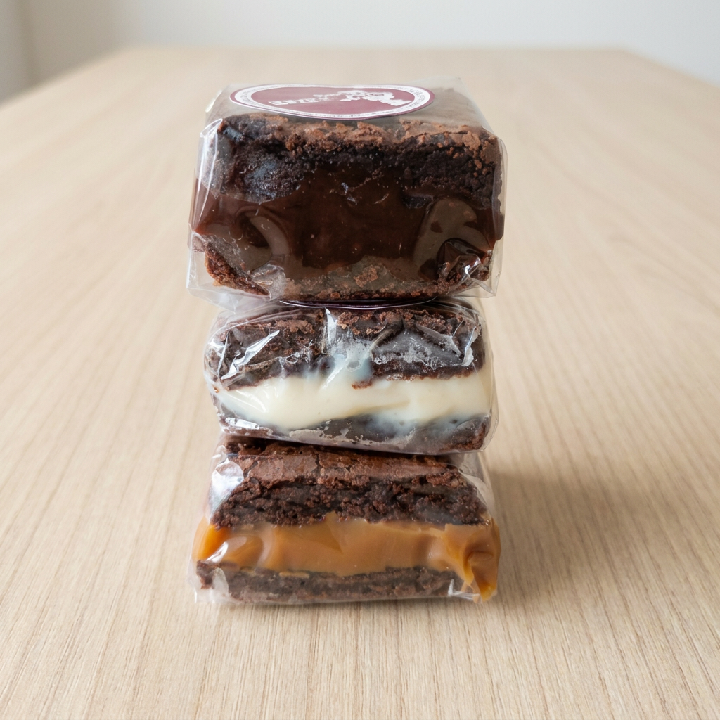 Brownie tradicional com recheio de ninho com nutella e textura macia.