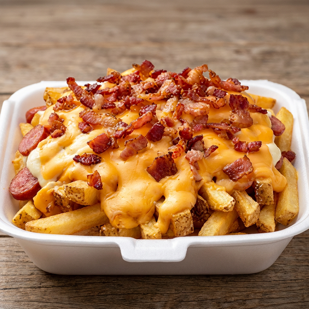Batata frita, bacon, calabresa, requeijão e cheddar (grande)