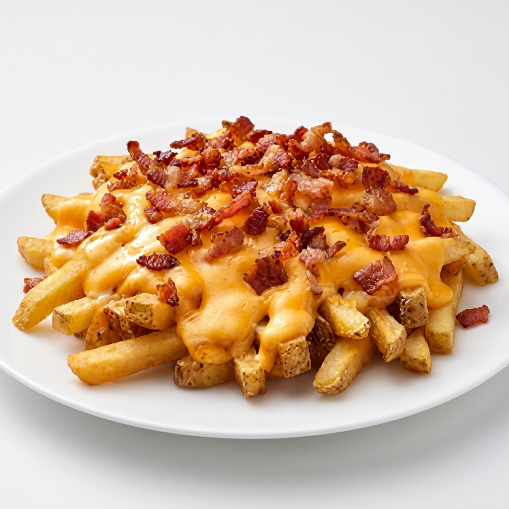 Batata frita, bacon, calabresa, requeijão e cheddar (pequena)
