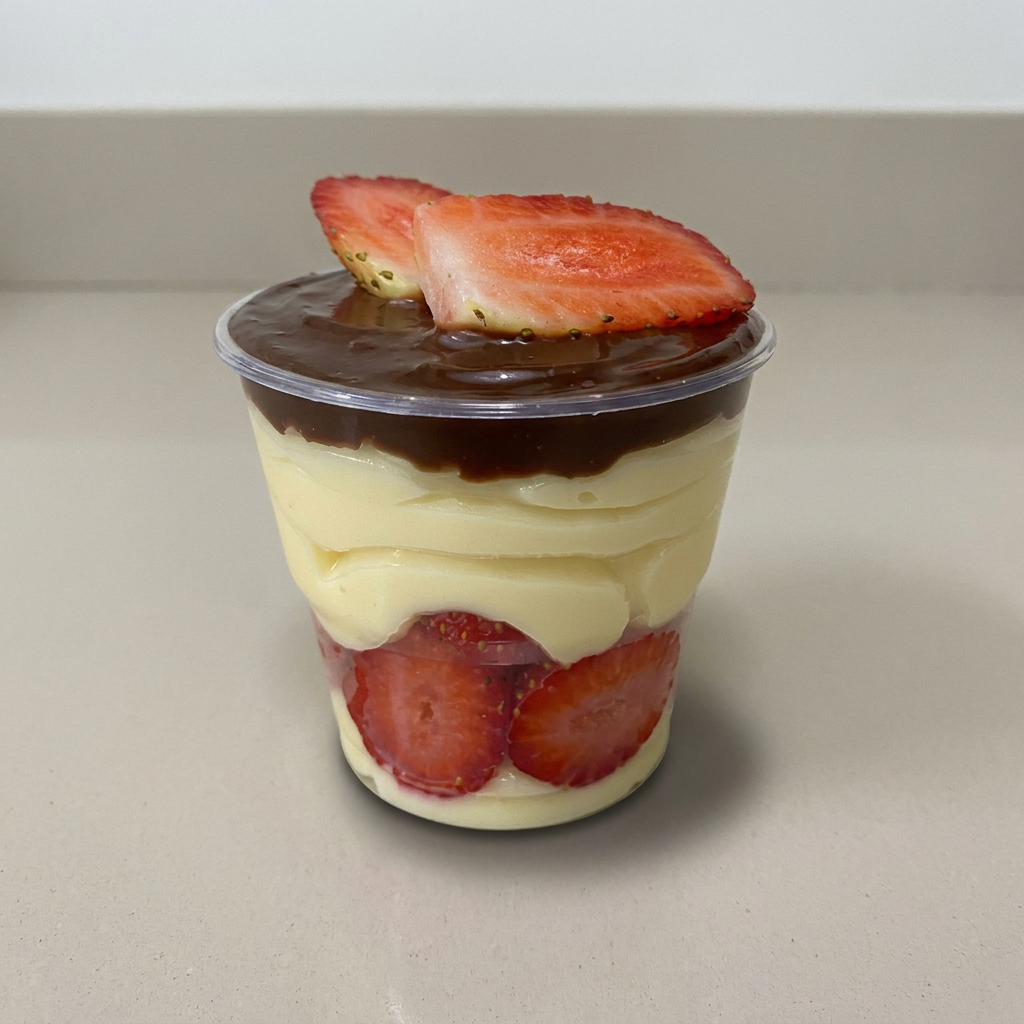 Feito com brigadeiro de chocolate 100%, creme de ninho e morangos frescos